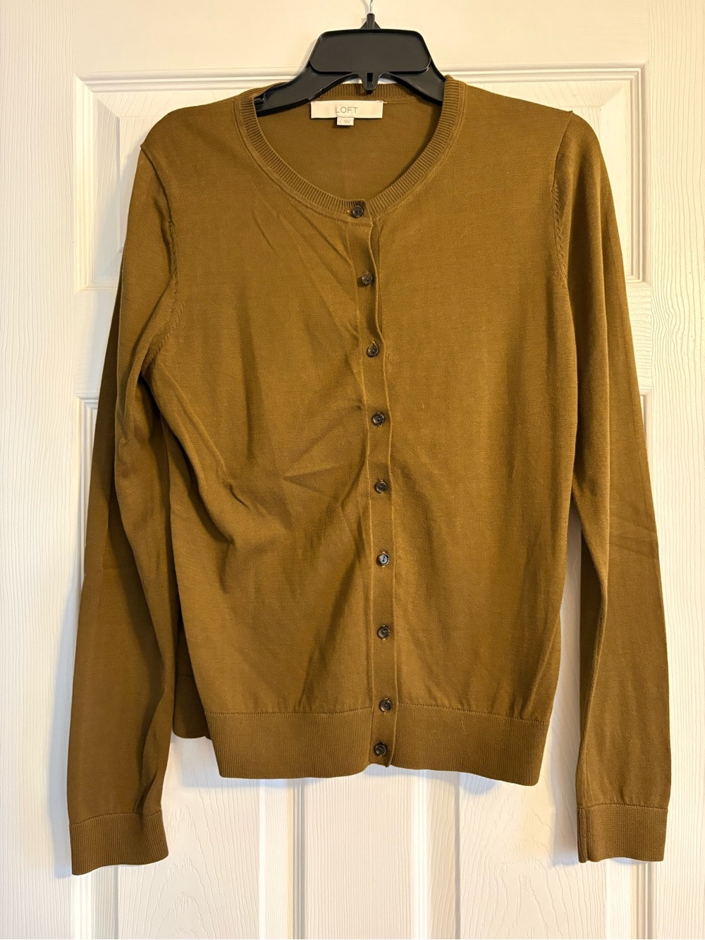 LOFT Women's Button-Front Crewneck Cardigan in Olive Brown
